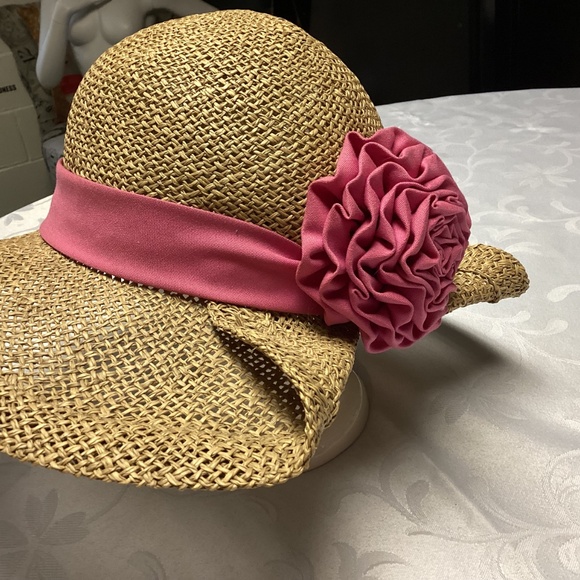 Women’s straw hat, turned back, brown, beautiful pink bow - Picture 7 of 7